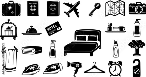 Travel and Hotel Industry Glyph Icons Set. Black and White Solid Symbols for Hospitality, Tourism, Accommodation, and Vacation Amenities.