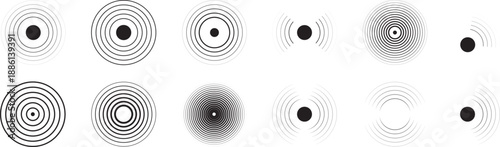 Set of radar icon. Sonar sound waves icon. Signal concentric circles. Sonar wave and echo sounding symbol isolated on transparent background