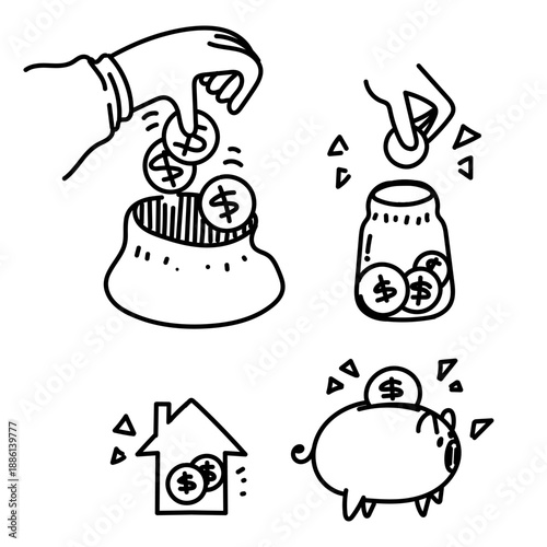 hand drawn doodle icon set saving money in the piggy bank jar bag and house illustration