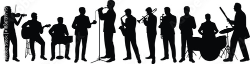 Silhouette of live music band performing with guitar, violin, trumpet, saxophone, drums and singer isolated on white background for concert, jazz and entertainment concept