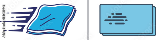 Blue vector cleaning cloths in motion. The left icon shows a cloth flying with speed lines, while the right depicts stacked flat cloths with a subtle texture. Clean, professional style.