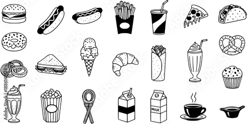 Food and Drinks Doodle Icons Set. Hand-Drawn Black and White Line Art Collection of Fast Food, Snacks, Beverages, Breakfast, and Dessert Elements.