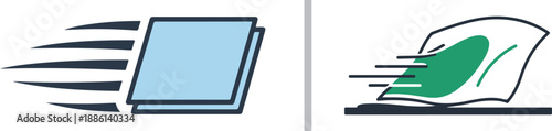 A vector set featuring two speed-themed paper icons. The left shows light blue sheets with motion trails; the right depicts a white sheet with a green accent flying over a surface.