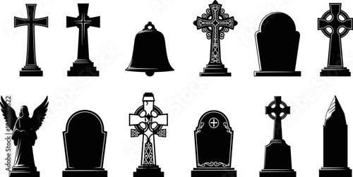 Black cemetery monument silhouettes set with crosses tombstones angels and funeral symbols isolated on white background vector illustration graveyard memorial religious gothic iconsBlack 
