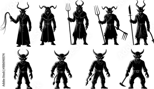 Dark demon silhouette collection featuring horned evil fantasy characters with weapons isolated on white background black vector illustration mythological gothic creature set