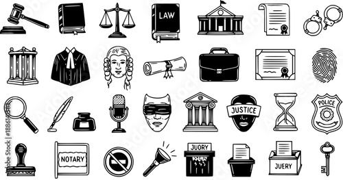 Legal and Justice System Icons Set. Black and White Line Art Hand-Drawn Collection of Law, Court, Crime, and Notary Symbols and Elements.