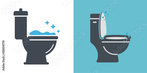 Two professional toilet icons in charcoal grey and light blue, featuring sparkling cleaning foam and an open lid to represent bathroom sanitation, hygiene services, and domestic cleanliness.