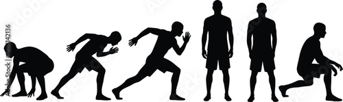 Male athlete silhouette sequence showing running, sprint start, standing and crouching poses isolated on white background illustrating fitness training, motion analysis, and sports performance