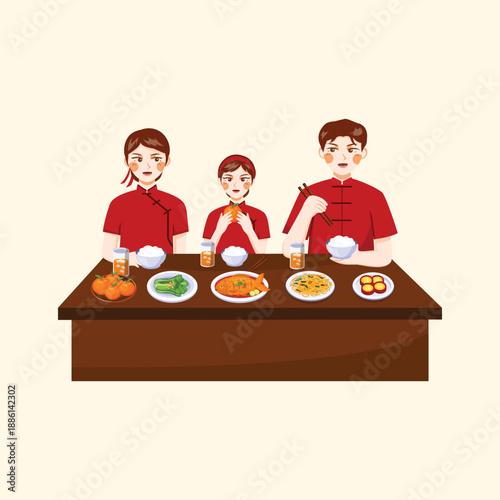 A festive family dining illustration showing relatives sharing a traditional meal during Chinese New Year celebrations to symbolize togetherness and prosperity.