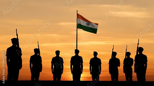 Silhouette of Indian soldiers standing with the flag of India at sunset.