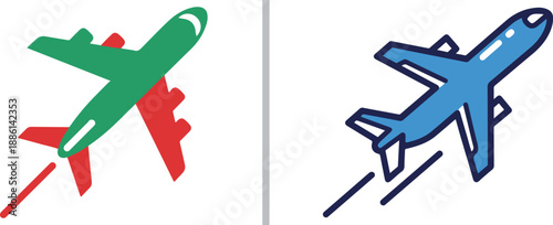 Two vibrant vector airplane icons, one in green and red and the other in blue, depicting aircraft in flight to represent travel, aviation, logistics, and global transportation.