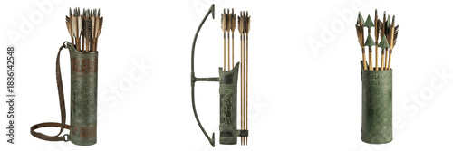 Photos Set of ancient medieval archery equipment, realistic 3D illustration of a recurve bow and leather quivers full of wooden arrows isolated on white background