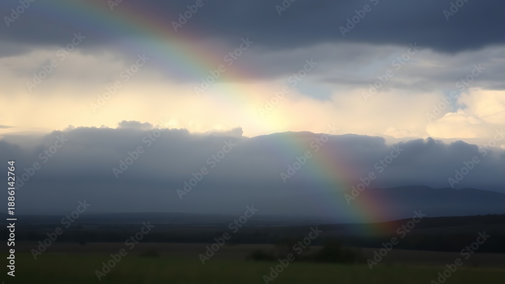 Naklejka premium apterygote. A rainbow arching over a landscape as dark clouds part to reveal clear sky. ESG reports, sustainability campaigns, designed for environmental awareness campaigns, used by professors.