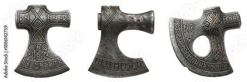 Cuadro en lienzo Set of ancient medieval iron axe heads with ornate engravings isolated on white