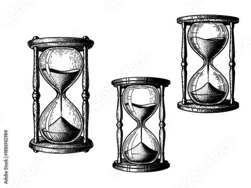 Hourglass engraving illustration for time and productivity branding