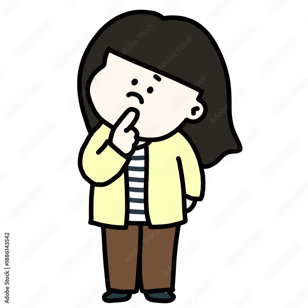 Fototapeta premium 困った・不安な・不満な表情で悩む若い女性 パステルイエローのカーディガン姿のイラスト