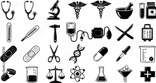 Black and White Line Art Medical Icons: Stethoscope, Microscope, Caduceus, Mortar Pestle, Test Tubes, Pills, DNA