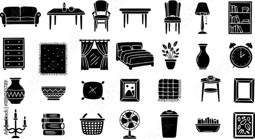 Black and White Glyph Icons of Home Furniture and Decor Objects, Isolated on White