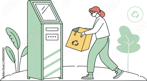 Recycling Efforts: A woman wearing a mask, focused on the circular symbol, is engaged in depositing a cardboard box into a recycling machine, representing a sustainable initiative
