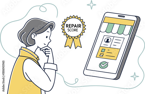 Repair Score and Online Business: An illustration depicts a woman looking thoughtfully at a phone displaying an online store, complemented by a repair score medal, signaling quality and reliability. 