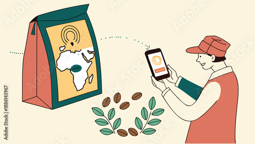 Coffee Bean Authentication: Illustrative image of coffee beans provenance, showcasing a man interacting with his smartphone to authenticate a coffee bean package.