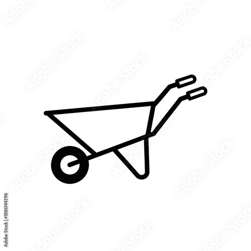 Simple black and white illustration of a classic garden wheelbarrow icon