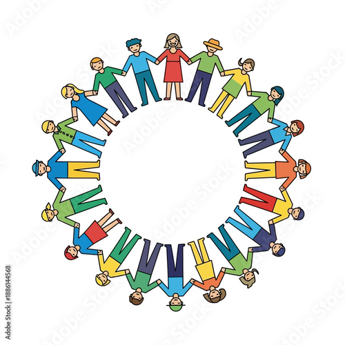 A diverse group of people holding hands in a colorful circle