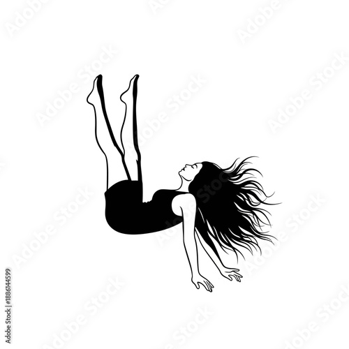A minimalist illustration of a woman falling or floating in a dark space