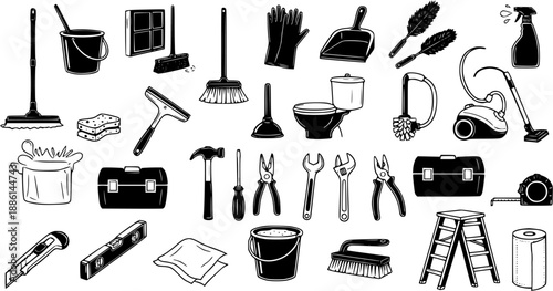 Home Improvement, Cleaning, and Maintenance Tools Vector Icons Set. Black and White Outline Household Equipment and Cleaning Supplies Glyph Art.