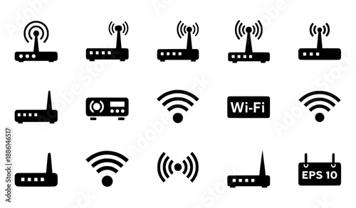 Router and Wi-Fi icon set with wireless network and internet symbols vector