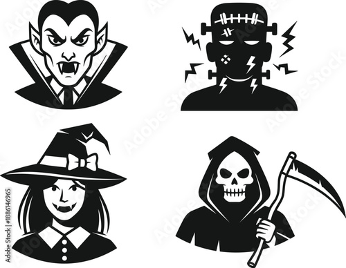 Halloween character icon set featuring vampire frankenstein witch and grim reaper spooky cartoon silhouettes black white vector collection