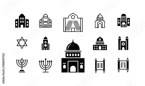 Minimalist vector icon set of Jewish religious architecture and sacred symbols, featuring synagogues, menorahs, and the Star of David, ideal for spiritual and cultural designs