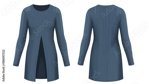 Contemporary ribbed knit long tunic in a versatile deep steel blue hue, showcasing a modern front slit design, perfect for layering and