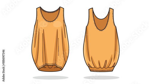 Flat technical drawing of a modern women's relaxed fit sleeveless top with a unique gathered hem design showcasing front and back views for fashion