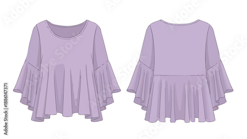 A modern lavender fashion flat sketch showcasing a stylish ladies' blouse with graceful tiered bell sleeves and a relaxed fit design