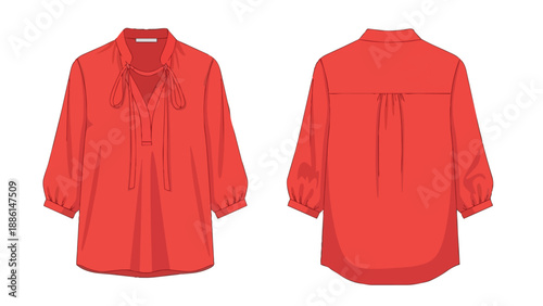 Vibrant coral women's tie-neck blouse garment design front and back views a versatile apparel illustration