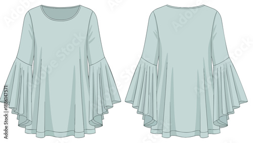 Blue tunic drawing relaxed fit round neck long bell sleeves gathered flares front and back views ideal for fashion design stylish apparel