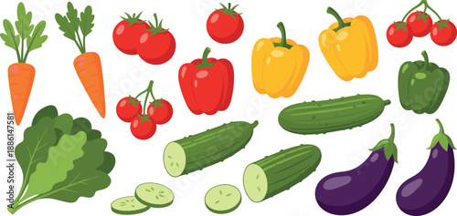 Fresh vegetables vector set with tomatoes, peppers, cucumbers, carrots, eggplants and leafy greens illustrations