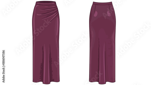 Elegant plum draped maxi skirt design template, front and back views for fashion illustration and apparel development. A sophisticated long