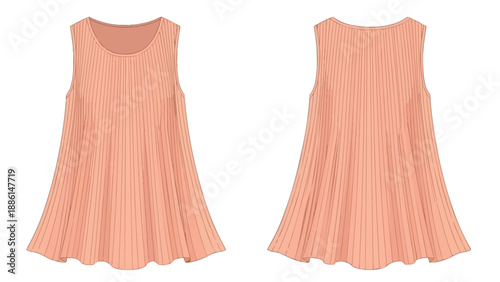 Stylish peach pleated sleeveless top illustration, a front and back view fashion flat showing a graceful, relaxed silhouette and a rounded neck