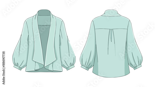 Elegant fashion flat sketch of a women's draped blouse with gathered puff sleeves a versatile design for modern apparel creation