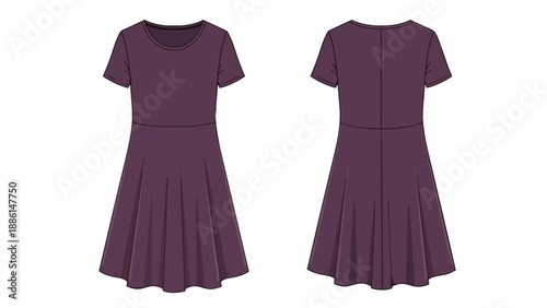 Versatile plum purple short-sleeve A-line dress flat sketch with round neck and pleated skirt for fashion design illustration