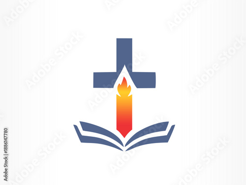 Stylized logo with cross, flame, and book representing Christian education, divine inspiration, and spiritual growth.