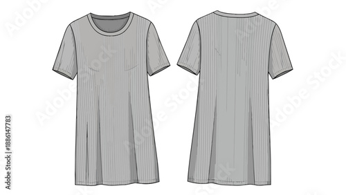 Technical flat sketch of a short-sleeved dress. Round neck, vertical texture. Front and back views for fashion design and apparel production plans.