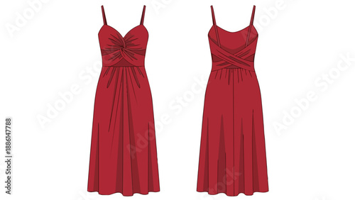 Elegant scarlet midi dress illustration, presenting detailed front and back views with an artfully twisted bodice and gracefully flowing skirt.