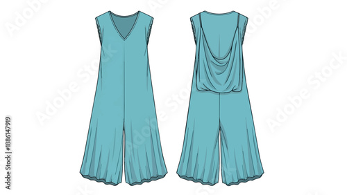This fashion flat sketch showcases a chic teal jumpsuit featuring a sophisticated V-neck front and an elegant cowl back design for modern style and