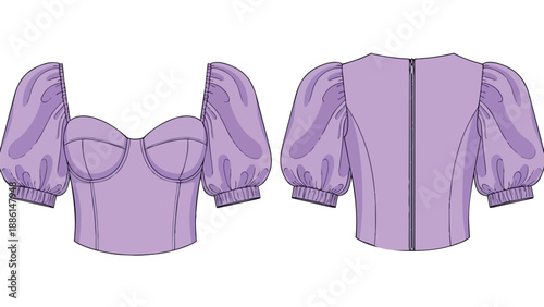 Detailed fashion technical flat drawing showcasing a lavender puff-sleeve corset top design with clear front and back views, perfect for apparel
