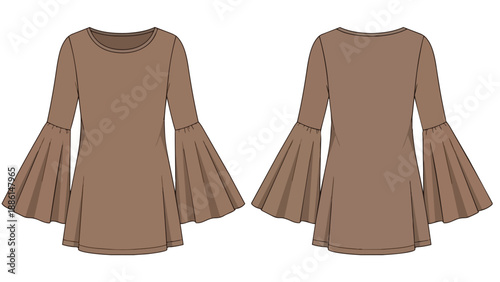 Technical fashion flat drawing illustrating a contemporary women's bell sleeve top in a rich, earthy brown hue, showcasing both front and back views