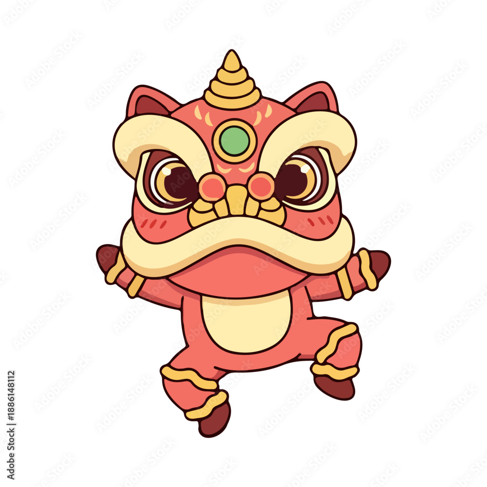 Naklejka premium Adorable Red Chinese Lion Dance Icon Lunar New Year Mascot