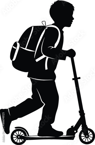 Black silhouette of a young school boy riding a kick scooter with a backpack on white background for education